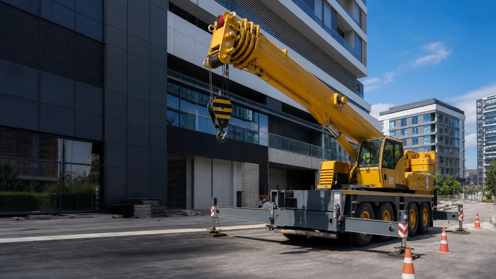 Bina önünde çalışmaya hazır sarı mobil vinç